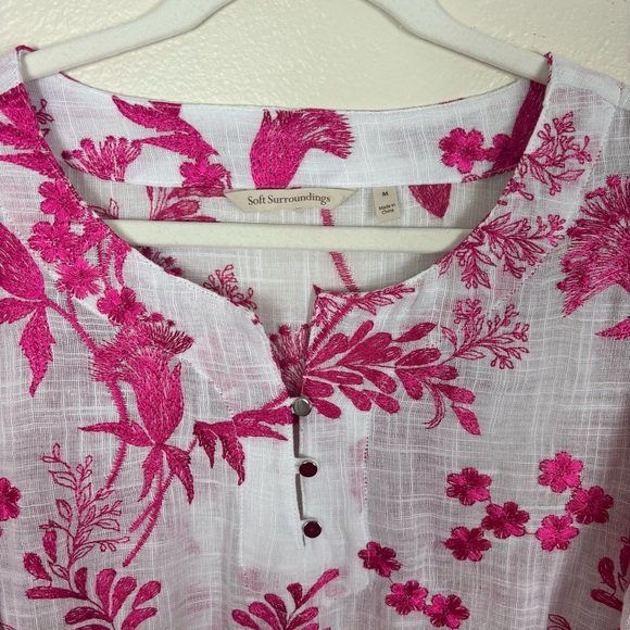 Soft Surroundings Top Women’s Sz M Etienne Tunic White And Pink Embroidered - Picture 3 of 7